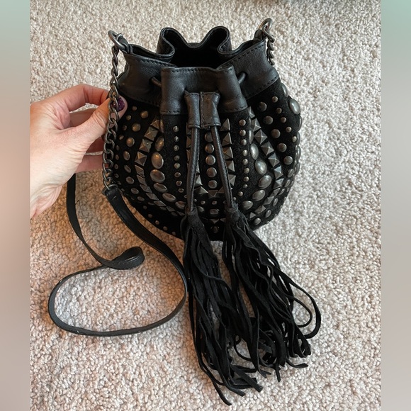 Ecote Leather Black Studded Crossbody Bucket Bag Purse Suede Bohemian Rock Indie - Picture 5 of 15